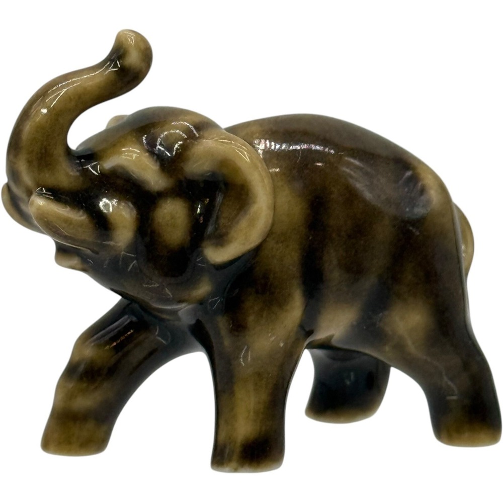 Elephant Figurine Ceramic Animal Statue Brown Glazed Shelf Sitter Vintage Decor